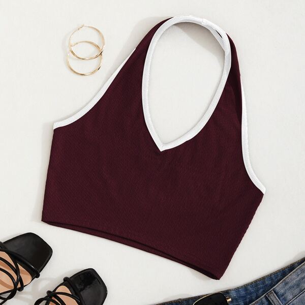 

Contrast Binding Crop Halter Top, Burgundy