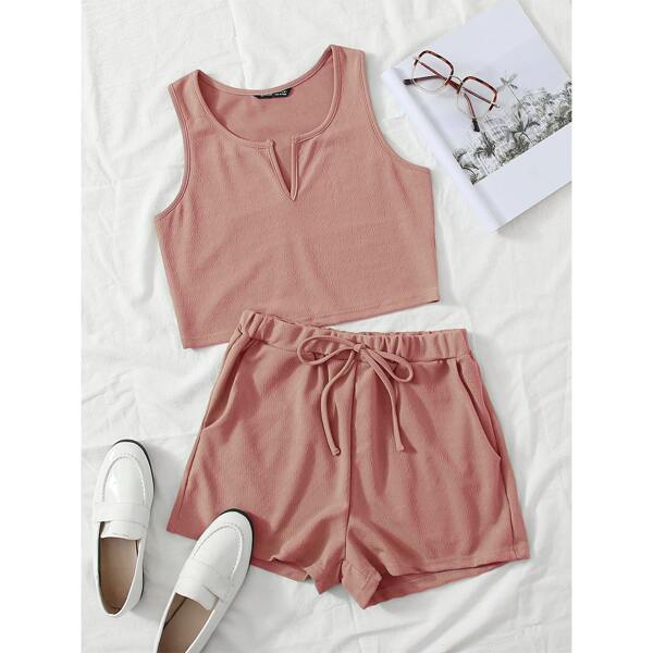 

Notch Neck Tank Crop Top & Tie Waist Shorts Set, Dusty pink