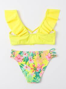 Tween Girl Tropical Print Ruffle Trim Bikini Set Summer Beach Summer Holiday - Multicolor - View 2