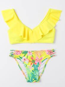 Tween Girl Tropical Print Ruffle Trim Bikini Set Summer Beach Summer Holiday - Multicolor - View 3