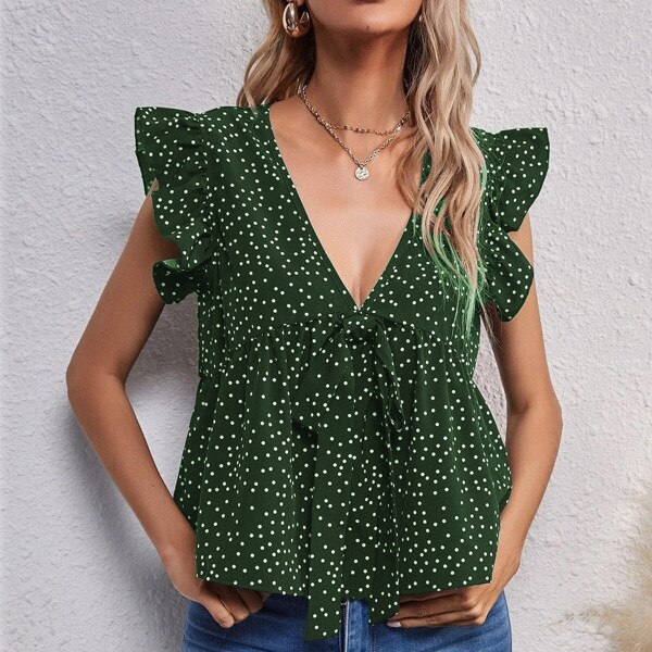 

Tie Front Ruffle Trim Polka Dot Peplum Top, Dark green
