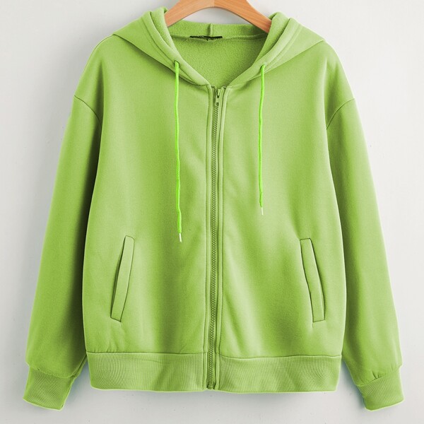 

Drop Shoulder Zip-Up Drawstring Hoodie, Lime green