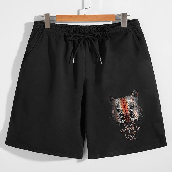 

Men Animal & Slogan Print Shorts, Black