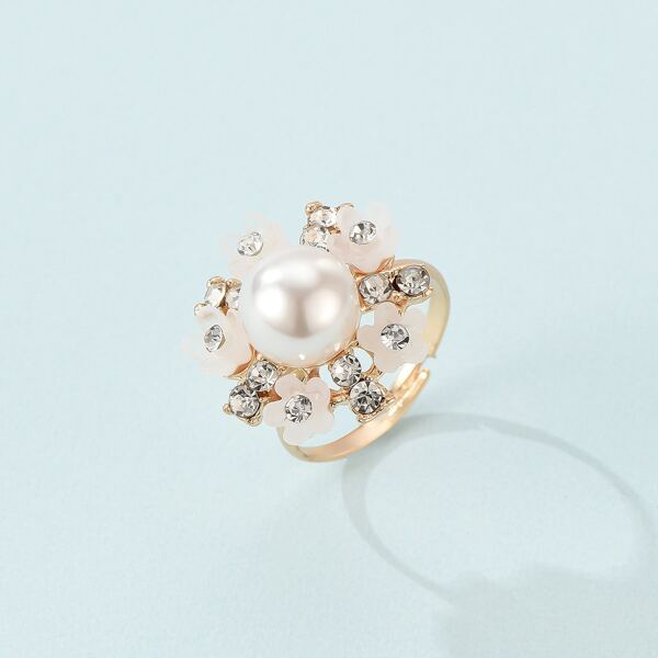 

Rhinestone & Faux Pearl Decor Ring, Gold