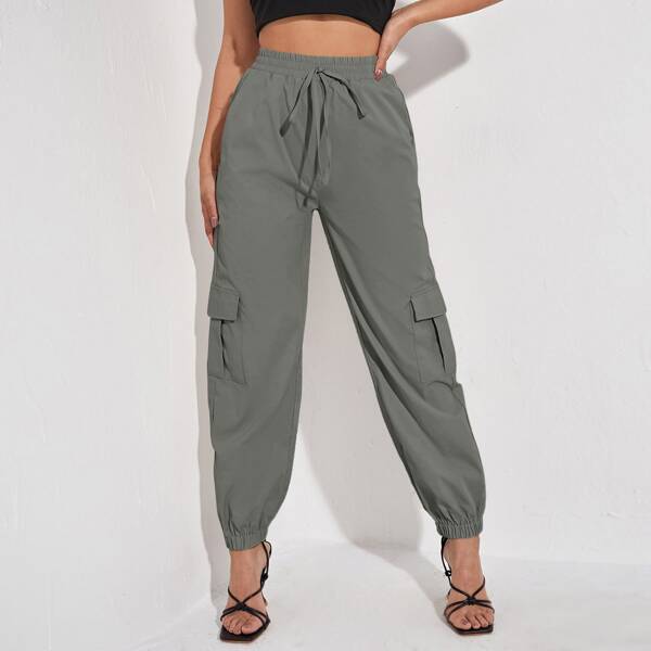

Tie Waist Flap Pocket Cargo Pants, Grey