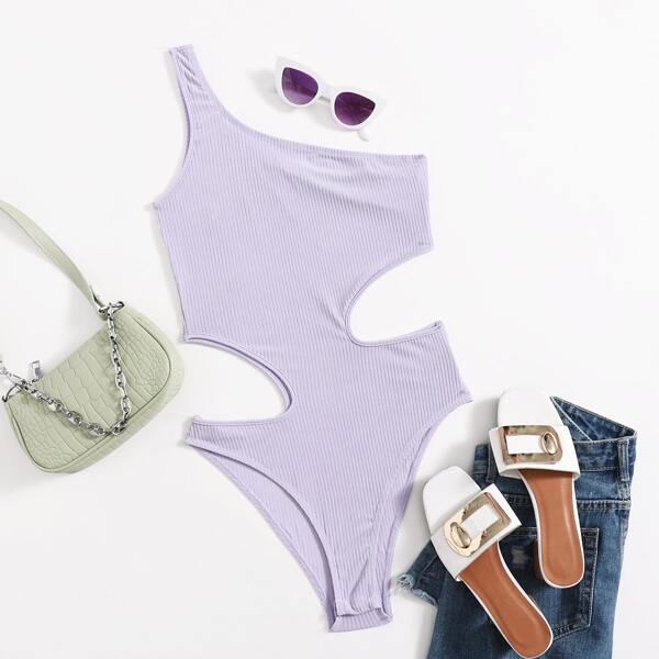 

One Shoulder Cut Out Waist Bodysuit, Lilac purple
