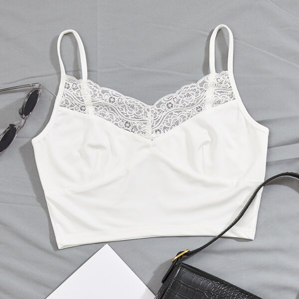

Solid Contrast Lace Crop Cami Top, White