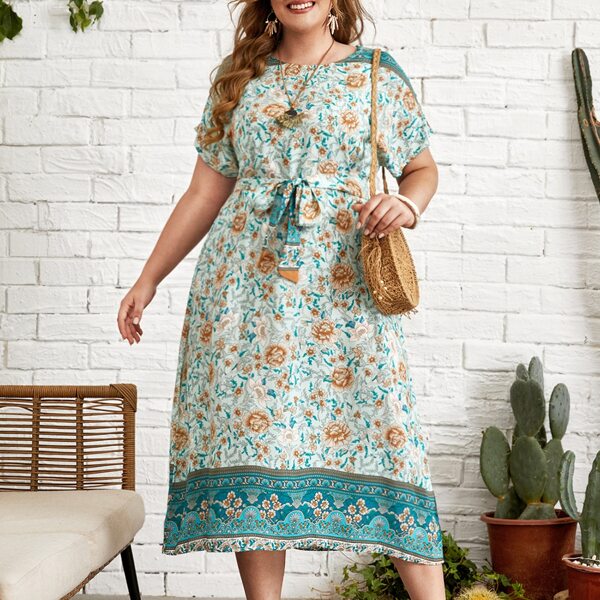 

Plus Floral Print Self Tie Batwing Sleeve Dress, Multicolor