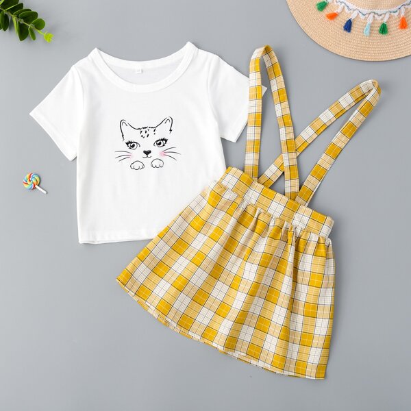 

Toddler Girls Cartoon Cat Print Tee & Plaid Pinafore Skirt, Multicolor