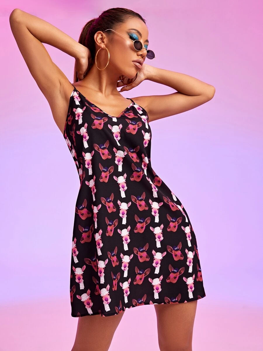 Rikibeztiki Double V-Neck Cartoon Graphic Cami Dress - Multicolor - View 1