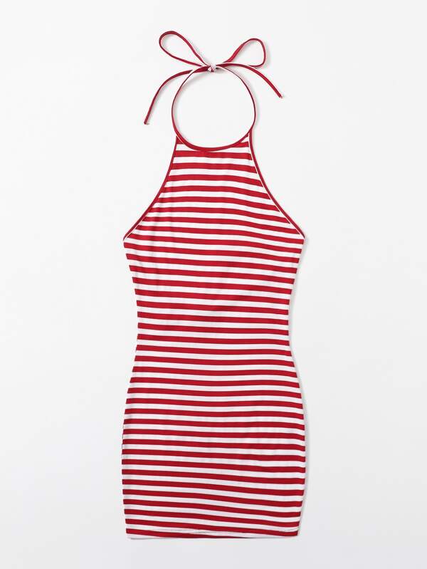 SHEIN EZwear Tie Open Back Striped Halter Dress SHEIN USA