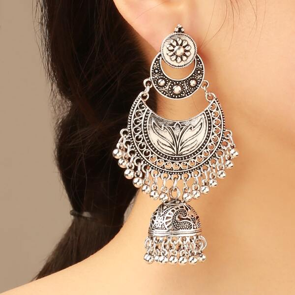 

Jhumka Drop Earrings, Antique silver