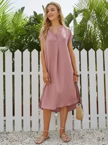 EMERY ROSE Notched Neck Dip Hem Dress - Dusty Pink - View 1