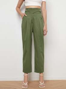Buckle Detail Straight Leg Pants - Army Green - View 1