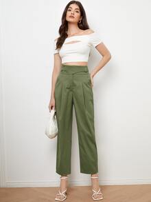 Buckle Detail Straight Leg Pants - Army Green - View 3