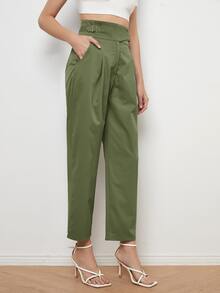 Buckle Detail Straight Leg Pants - Army Green - View 4