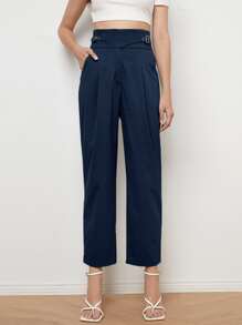 Buckle Detail Straight Leg Trousers - Navy Blue - View 1