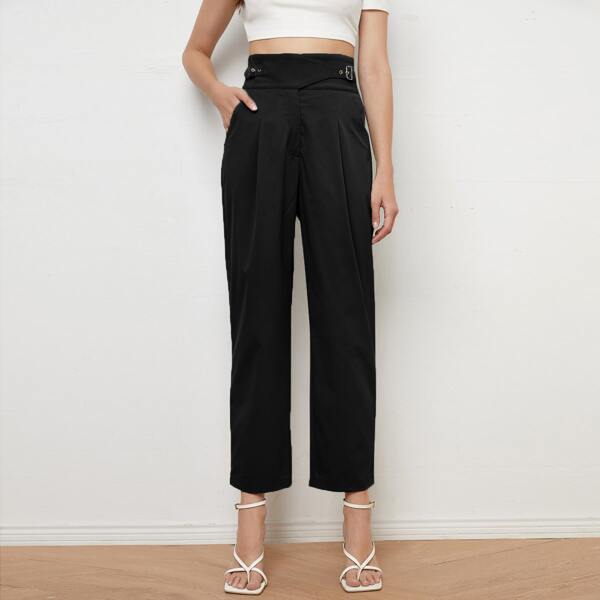 

Buckle Detail Straight Leg Pants, Black