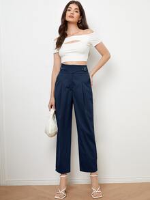 Buckle Detail Straight Leg Trousers - Navy Blue - View 3