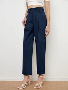 Buckle Detail Straight Leg Trousers - Navy Blue - View 4