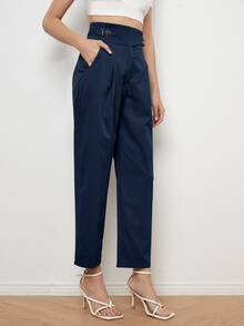 Buckle Detail Straight Leg Trousers - Navy Blue - View 5