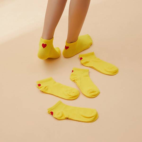 

5pairs Heart Print Socks, Yellow