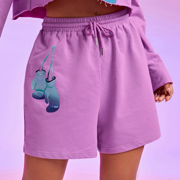 

Drawstring Waist Graphic Print Shorts, Lilac purple