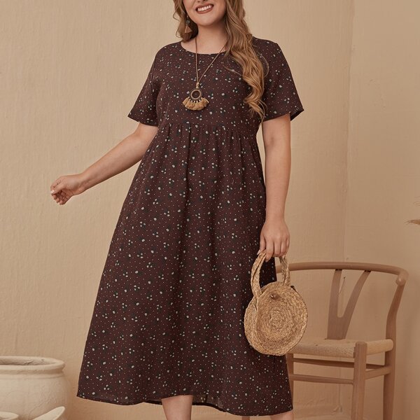 

Plus Ditsy Floral Smock Dress, Coffee brown