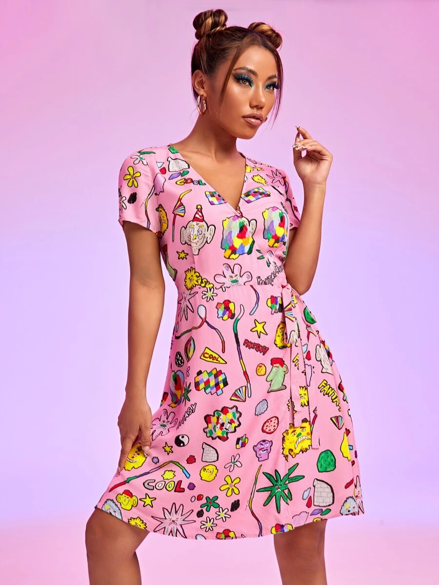 David Méndez Alonso Wrap Tie Side Cartoon Graphic Dress - Multicolor - View 1