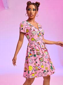 David Méndez Alonso Wrap Tie Side Cartoon Graphic Dress - Multicolor - View 5