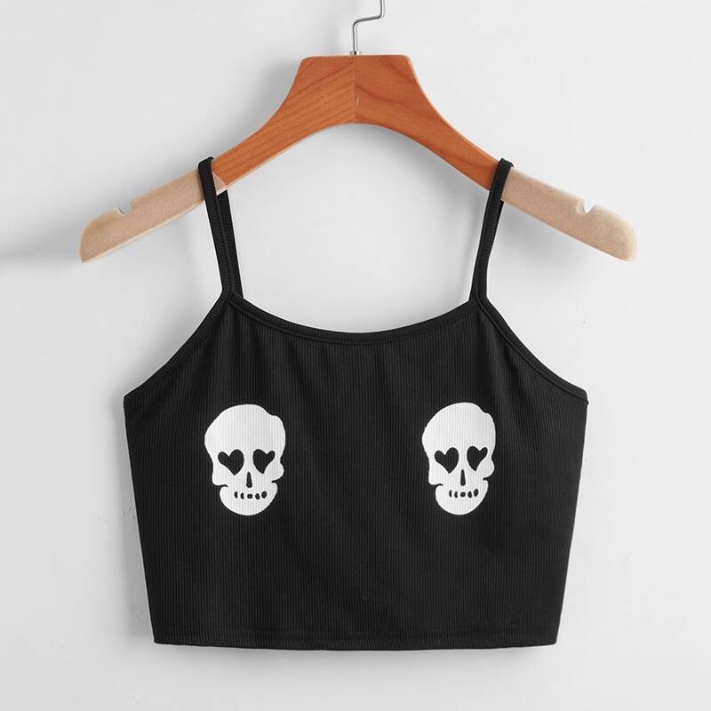 

Skull Graphic Ribbed Crop Cami, Black