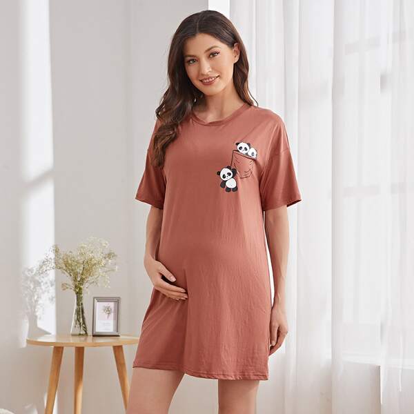 

Maternity Cartoon Panda Print Nightdress, Redwood