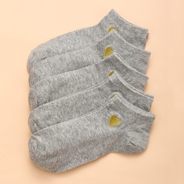

5pairs Heart Embroidered Socks, Grey