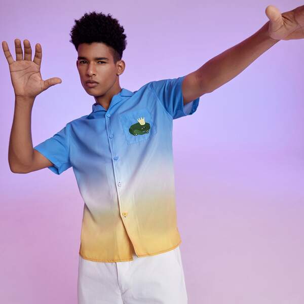 

Men Notched Collar Embroidery Pocket Front Ombre Shirt, Multicolor