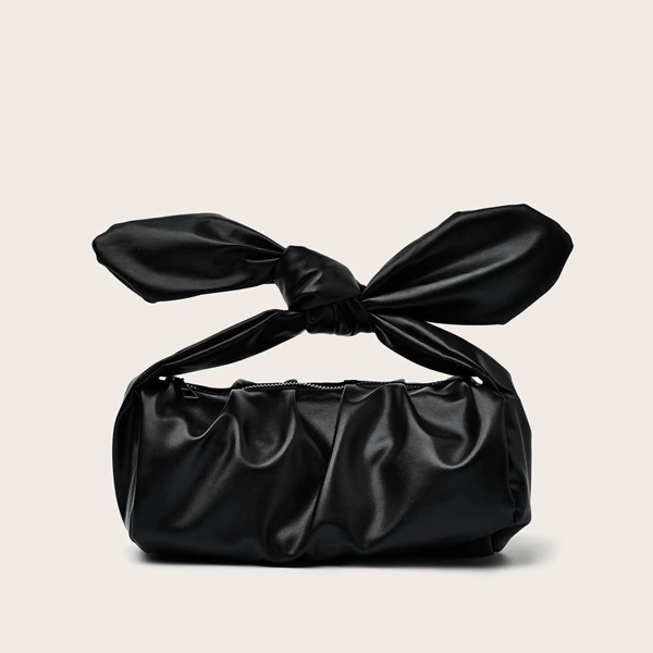 

Bow Decor Ruched Design Satchel Bag, Black