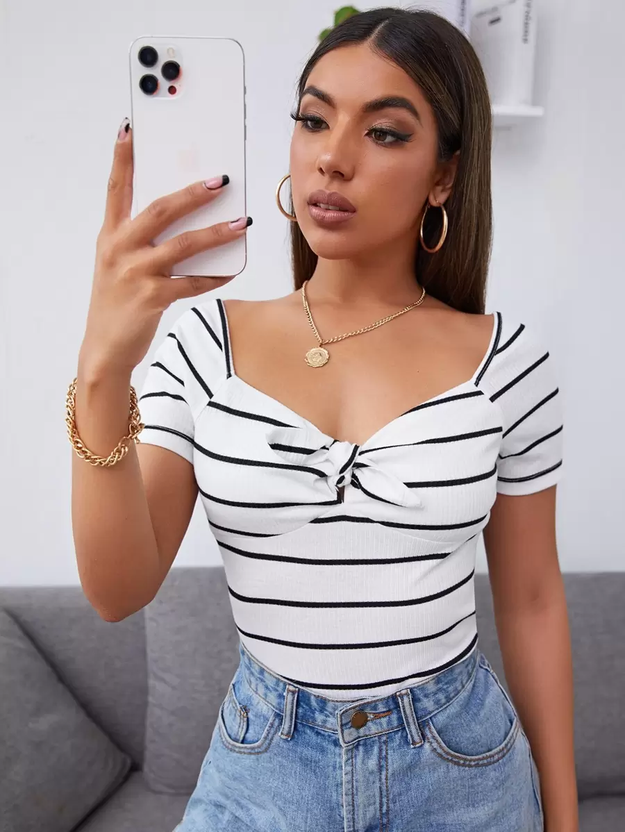 SHEIN EZwear Knot Front Striped Top