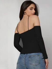 Firerie Halter Off Shoulder Rib-Knit Black Tee - Black - View 2