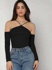 Firerie Halter Off Shoulder Rib-Knit Black Tee - Black - View 3