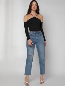 Firerie Halter Off Shoulder Rib-Knit Black Tee - Black - View 5