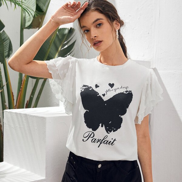 

Swiss Dot Flounce Sleeve Butterfly & Letter Graphic Tee, White