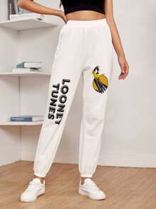 LOONEY TUNES X SHEIN Pantalones deportivos con estampado de letra y dibujos animados - Blanco - Ver 1