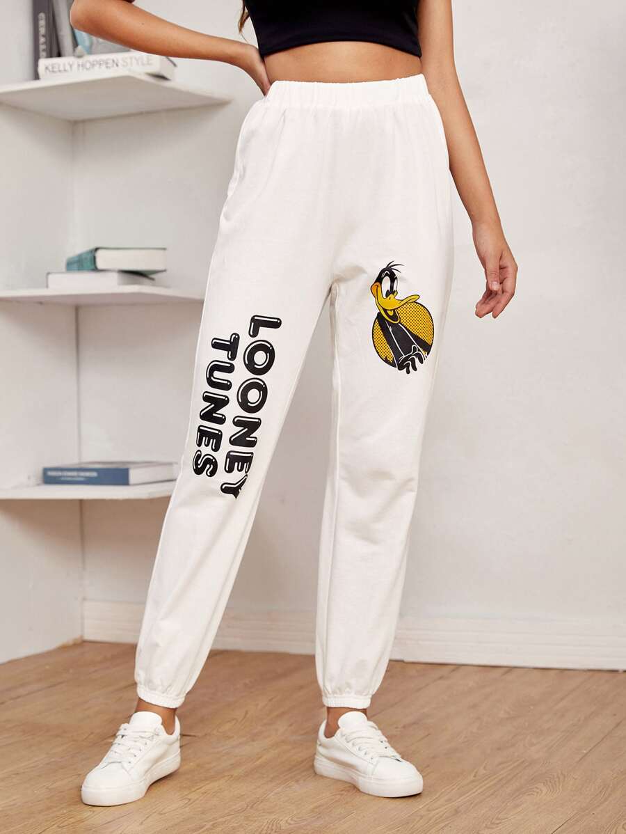 LOONEY TUNES X SHEIN Pantalones deportivos con estampado de letra y dibujos animados - Blanco - Ver 1