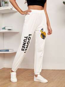 LOONEY TUNES X SHEIN Pantalones deportivos con estampado de letra y dibujos animados - Blanco - Ver 4