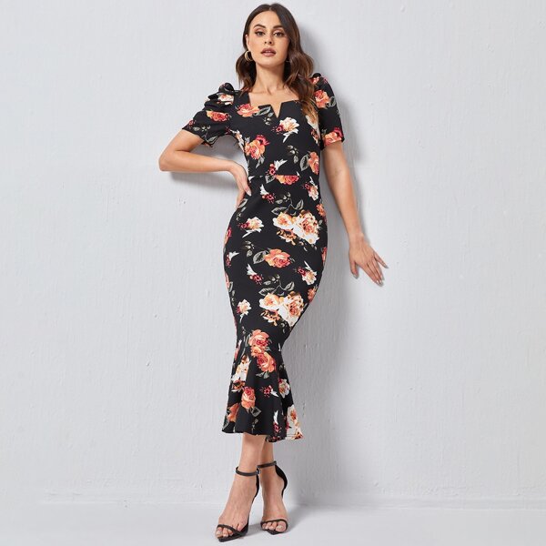 

Puff Sleeve Notched Neck Floral Print Mermaid Dress, Multicolor