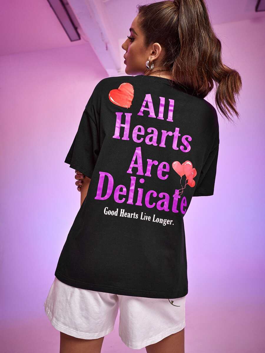 Delicate Heart Club 標語和心形圖案上衣 - 黑色 - 查看 1