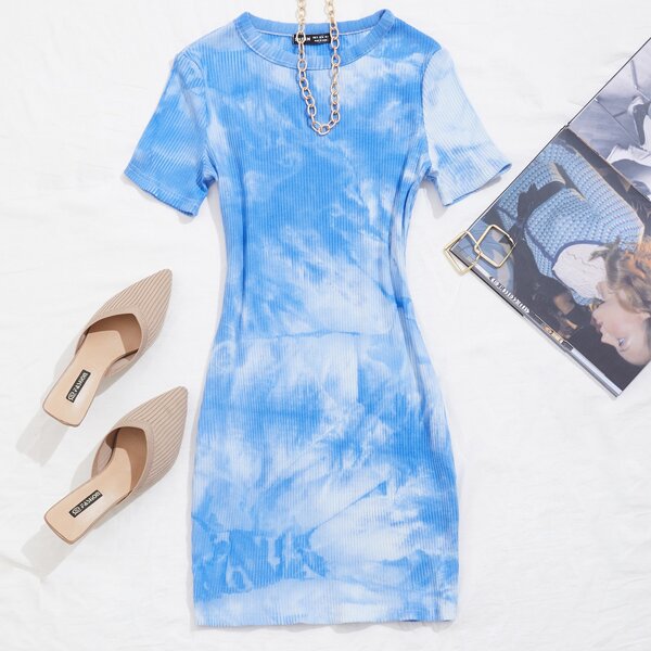 

Rib-knit Tie Dye Dress, Blue and white
