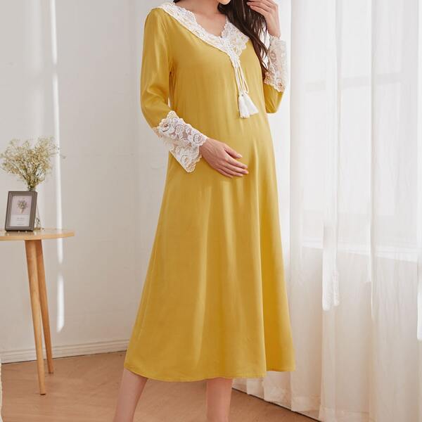 

Maternity Tie Front Fringe Lace Trimed Lounge Dress, Mustard yellow