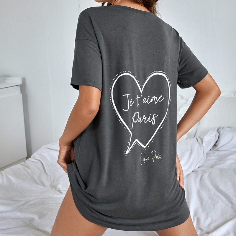 

Slogan Graphic Drop Shoulder Night Dress, Dark grey