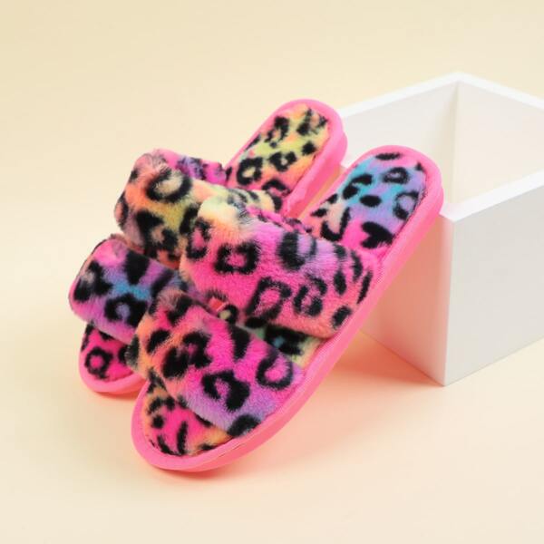 

Colorful Double Strap Fluffy Slippers, Multicolor