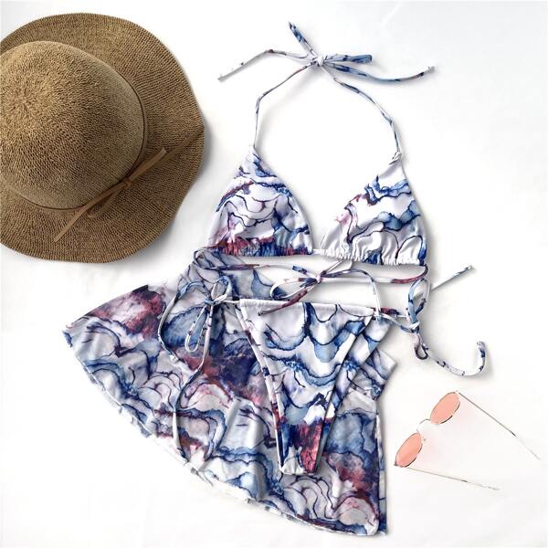 

3pack Marble Print Halter Bikini Swimsuit & Beach Skirt, Multicolor